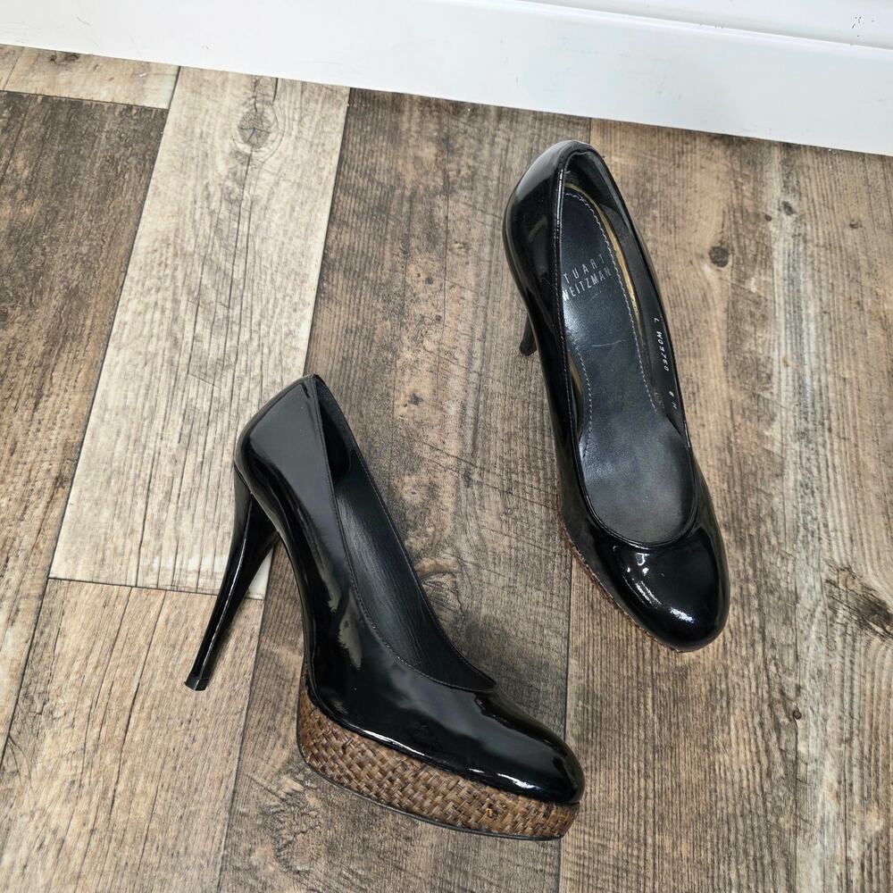 Stuart Weitzman Black Patent Platform Pumps Raffia Woven Heel Stiletto Heels